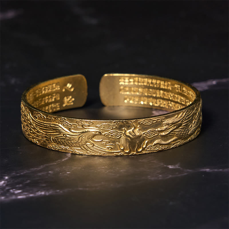 Bracelet porte-bonheur en cuivre et laiton sculpté avec Buddha Stones, dragon et phénix jouant avec une perle, Sutra du cœur