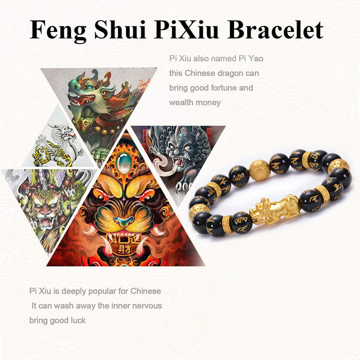 Bracelet de force PiXiu Om Mani Padme Hum en alliage d'obsidienne Buddha Stones et d'onyx noir