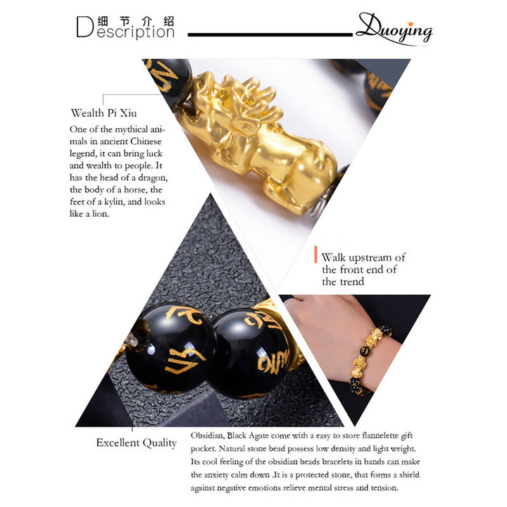 Bracelet de force en Buddha Stones en obsidienne noire et onyx noir en alliage doré à deux PiXiu Om Mani Padme Hum