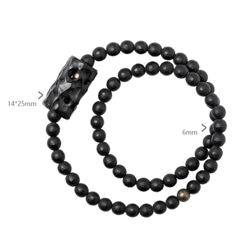 Bracelet de protection double tour en onyx noir et ébène avec surface taillée givrée et Buddha Stones