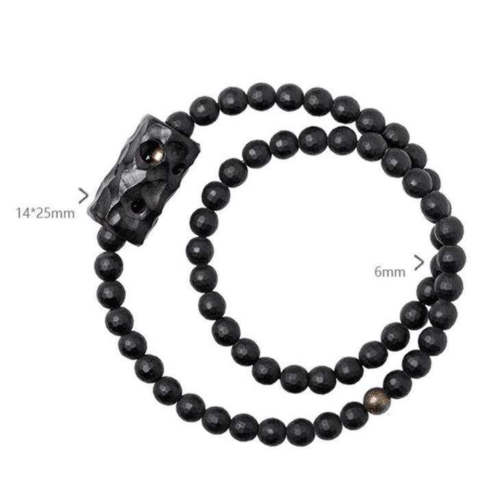 Bracelet de protection double tour en onyx noir et ébène avec surface taillée givrée et Buddha Stones