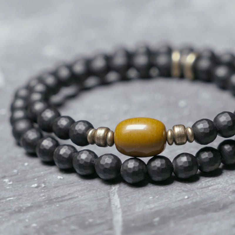 Bracelet de protection à double tour en perles d'onyx noir et de topaze à surface coupée givrée avec Buddha Stones