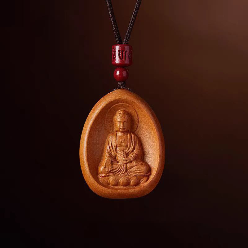 Collier avec pendentif en corde noire en bois de pêche et cinabre, Buddha Stones, Om Mani Padme Hum, zodiaque chinois - Chien de bois pêcher Cochon - image 20