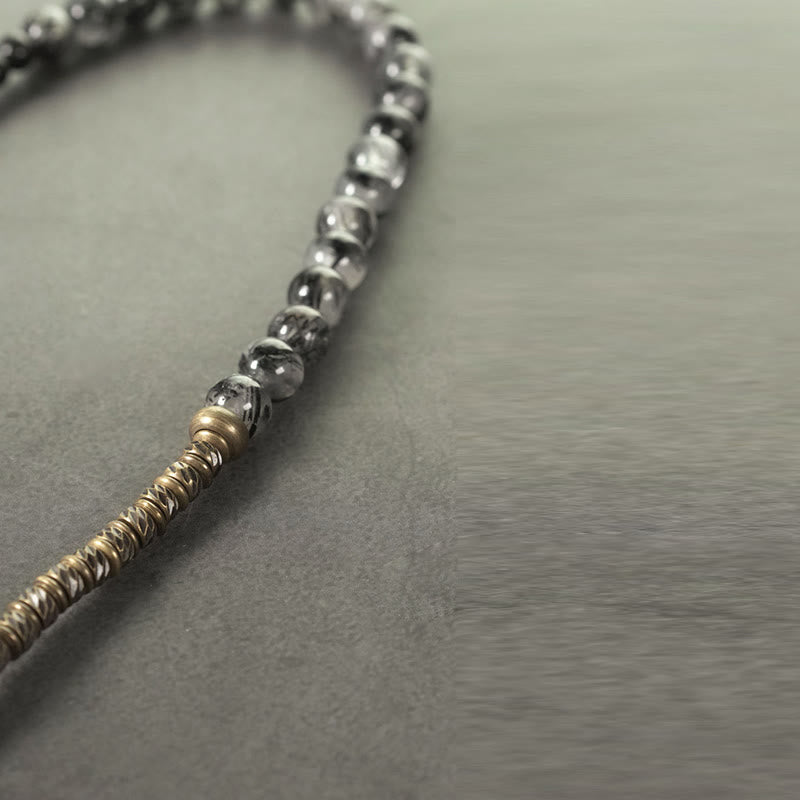 Bracelet de protection à double tour en cuivre et laiton avec Buddha Stones et obsidienne brillante dorée et quartz rutile noir