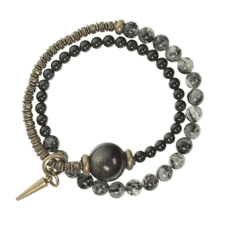 Bracelet de protection à double tour en cuivre et laiton avec Buddha Stones et obsidienne brillante dorée et quartz rutile noir