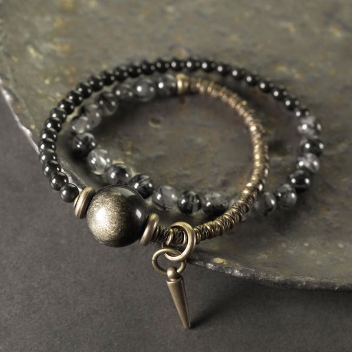 Bracelet de protection à double tour en cuivre et laiton avec Buddha Stones et obsidienne brillante dorée et quartz rutile noir