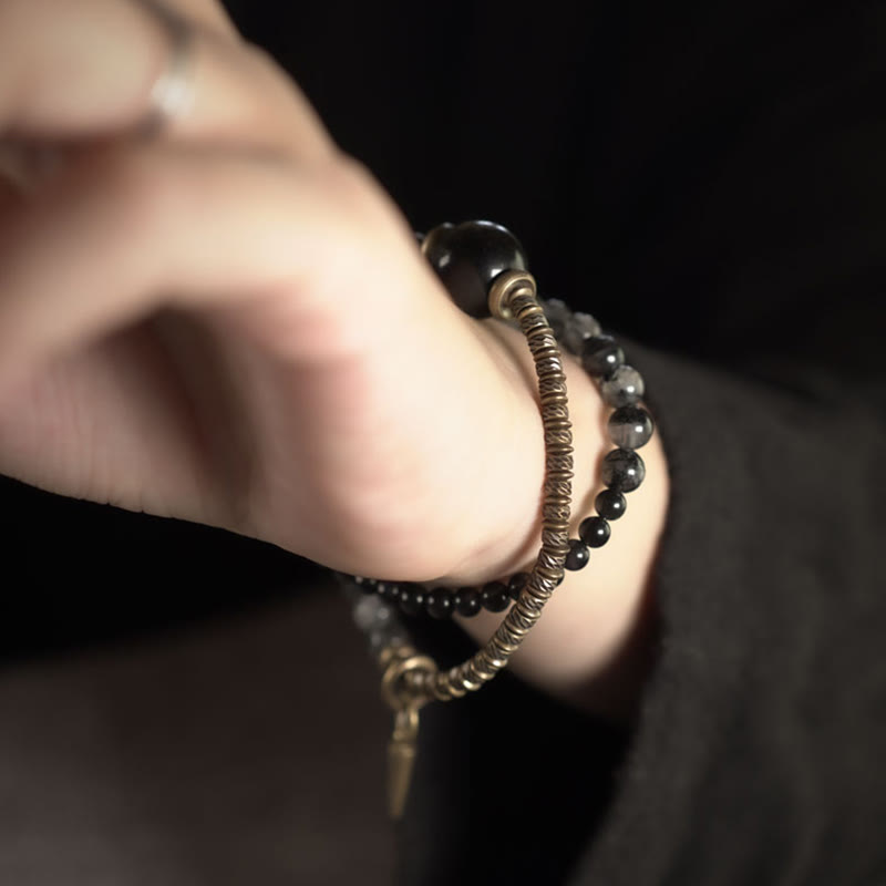 Bracelet de protection à double tour en cuivre et laiton avec Buddha Stones et obsidienne brillante dorée et quartz rutile noir