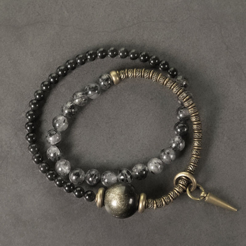 Bracelet de protection à double tour en cuivre et laiton avec Buddha Stones et obsidienne brillante dorée et quartz rutile noir