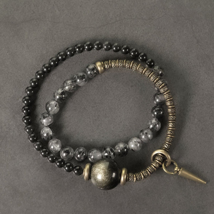 Bracelet de protection à double tour en cuivre et laiton avec Buddha Stones et obsidienne brillante dorée et quartz rutile noir