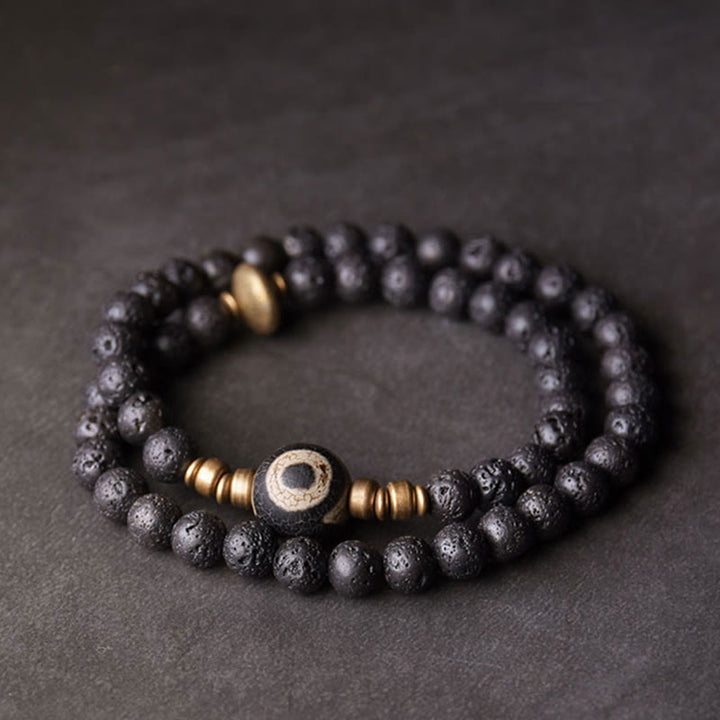 Bracelet de guérison à double tour en perles de cuivre et de laiton avec Buddha Stones de lave vintage à trois yeux Dzi