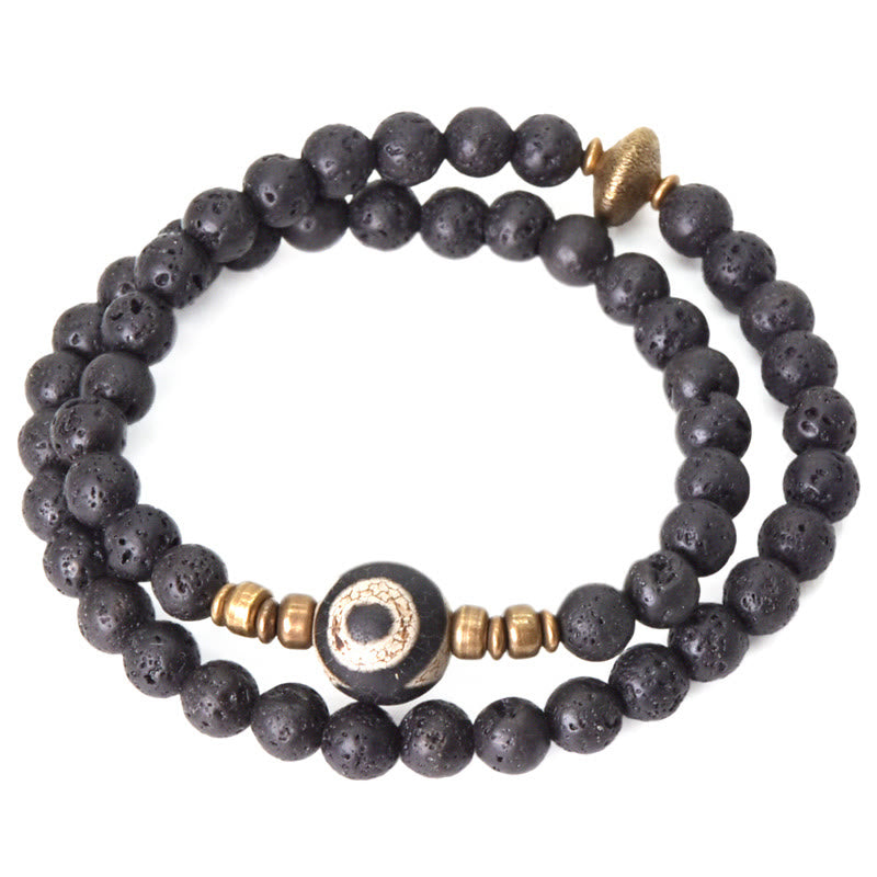 Bracelet de guérison à double tour en perles de cuivre et de laiton avec Buddha Stones de lave vintage à trois yeux Dzi