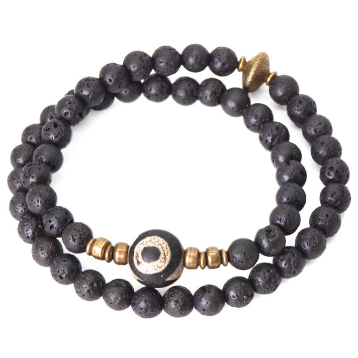 Bracelet de guérison à double tour en perles de cuivre et de laiton avec Buddha Stones de lave vintage à trois yeux Dzi