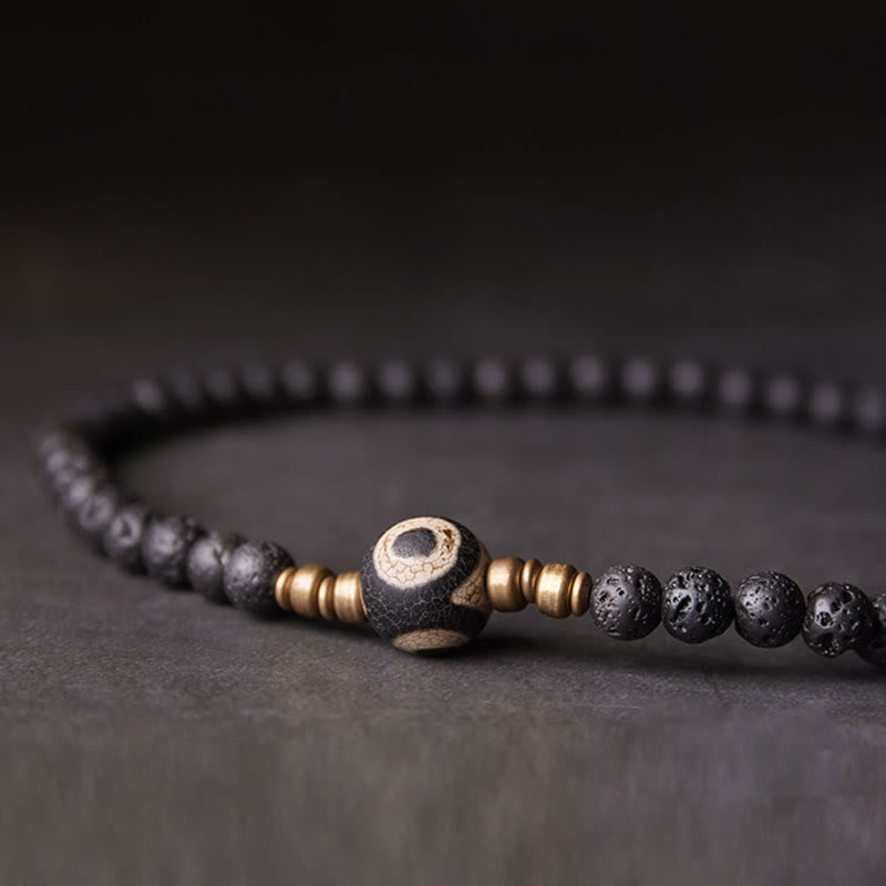 Bracelet de guérison à double tour en perles de cuivre et de laiton avec Buddha Stones de lave vintage à trois yeux Dzi
