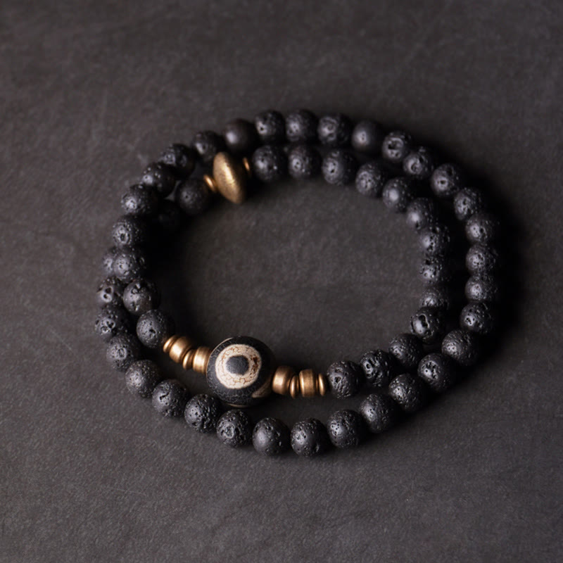 Bracelet de guérison à double tour en perles de cuivre et de laiton avec Buddha Stones de lave vintage à trois yeux Dzi