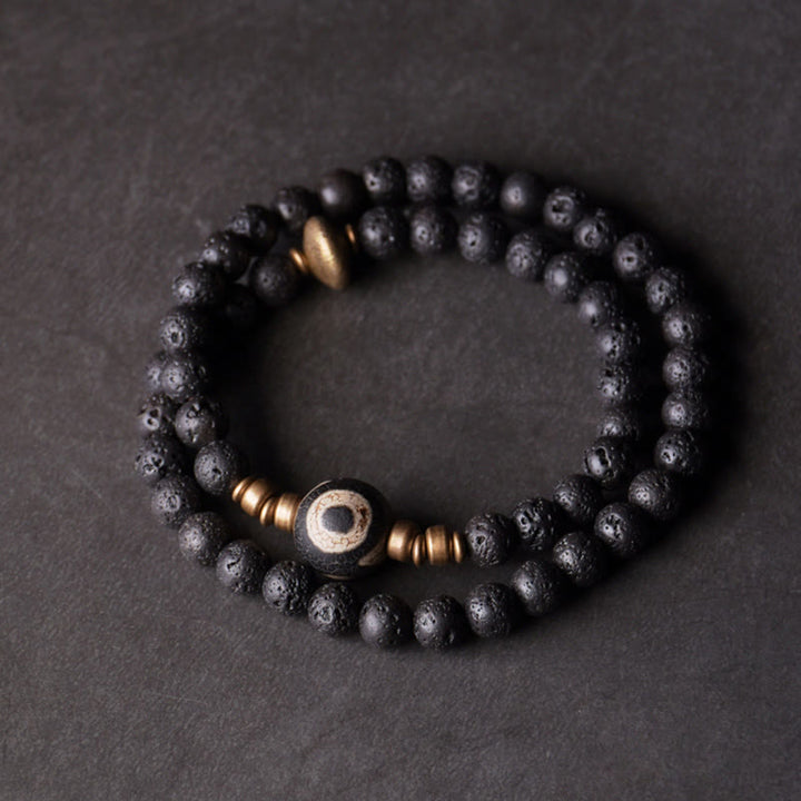 Bracelet de guérison à double tour en perles de cuivre et de laiton avec Buddha Stones de lave vintage à trois yeux Dzi