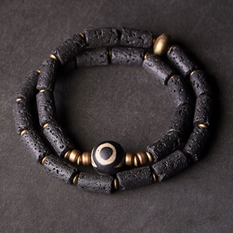 Bracelet en cuivre et laiton à plusieurs tours avec perles de lave vintage à trois yeux et pierres de Buddha Stones