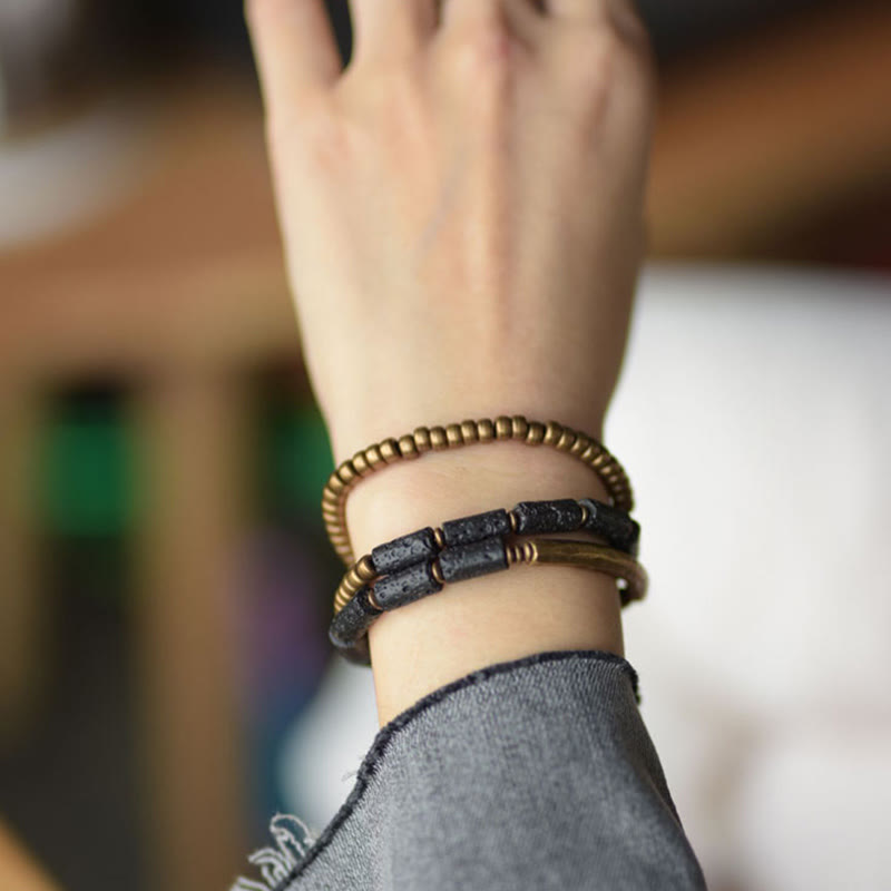 Bracelet multi-tours en cuivre et laiton avec pierres de lave vintage Buddha Stones