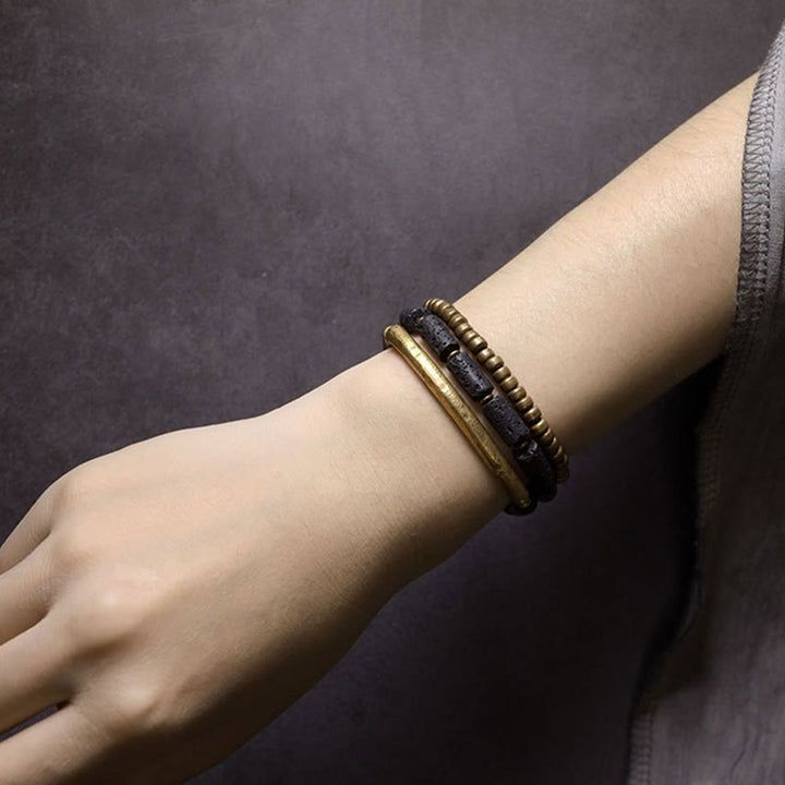 Bracelet multi-tours en cuivre et laiton avec pierres de lave vintage Buddha Stones