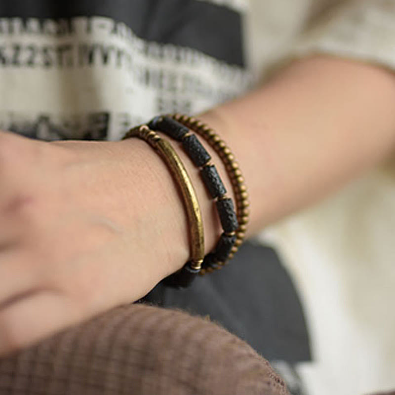 Bracelet multi-tours en cuivre et laiton avec pierres de lave vintage Buddha Stones