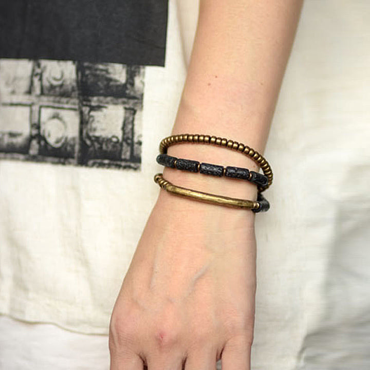 Bracelet multi-tours en cuivre et laiton avec pierres de lave vintage Buddha Stones