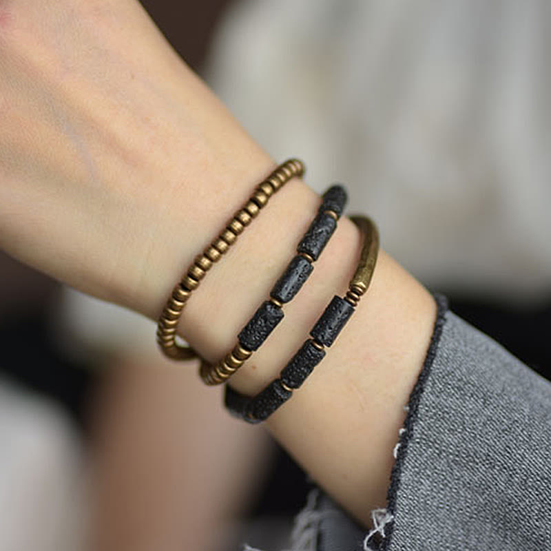 Bracelet multi-tours en cuivre et laiton avec pierres de lave vintage Buddha Stones