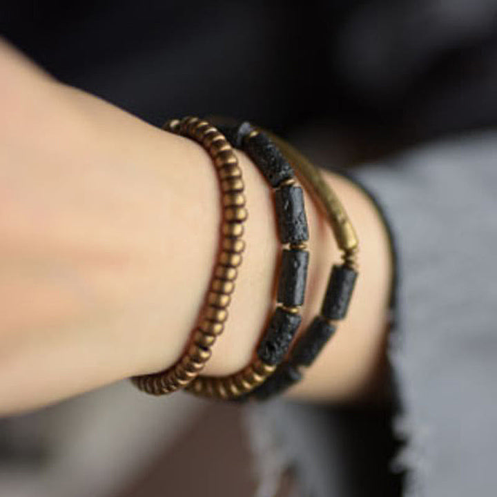 Bracelet multi-tours en cuivre et laiton avec pierres de lave vintage Buddha Stones