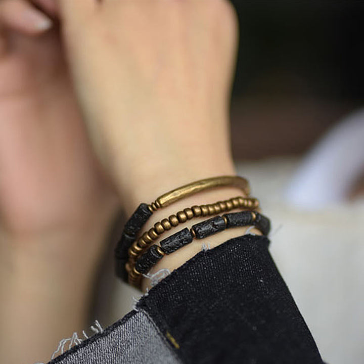 Bracelet multi-tours en cuivre et laiton avec pierres de lave vintage Buddha Stones