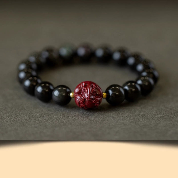 Bracelet de purification en obsidienne noire naturelle et cinabre avec Buddha Stones et zodiaque chinois