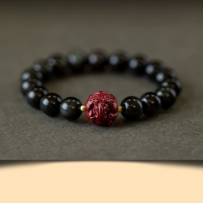 Bracelet de purification en obsidienne noire naturelle et cinabre avec Buddha Stones et zodiaque chinois