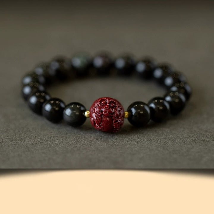 Bracelet de purification en obsidienne noire naturelle et cinabre avec Buddha Stones et zodiaque chinois