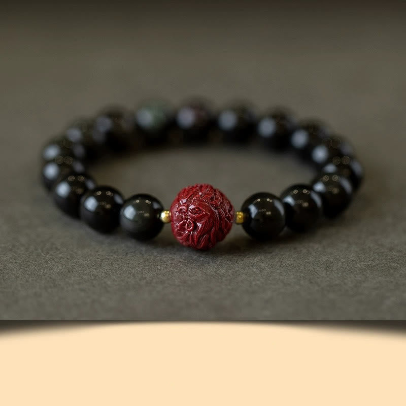 Bracelet de purification en obsidienne noire naturelle et cinabre avec Buddha Stones et zodiaque chinois