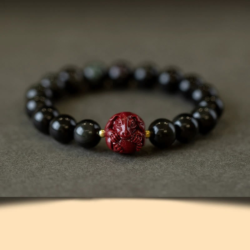 Bracelet de purification en obsidienne noire naturelle et cinabre avec Buddha Stones et zodiaque chinois