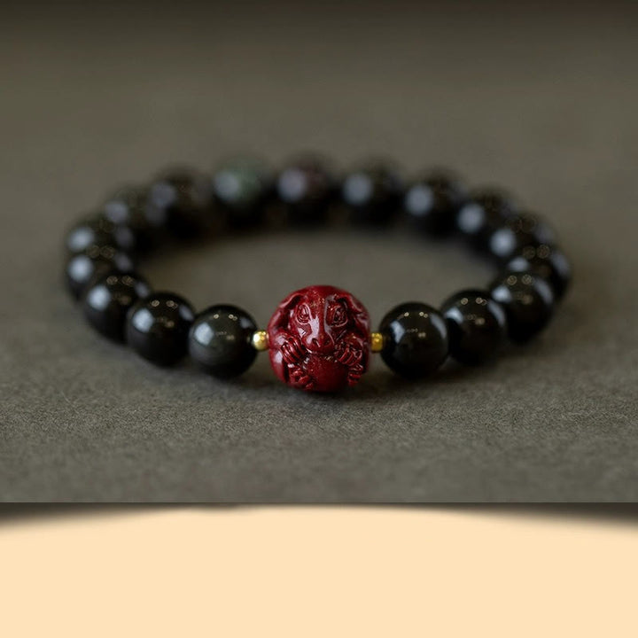 Bracelet de purification en obsidienne noire naturelle et cinabre avec Buddha Stones et zodiaque chinois