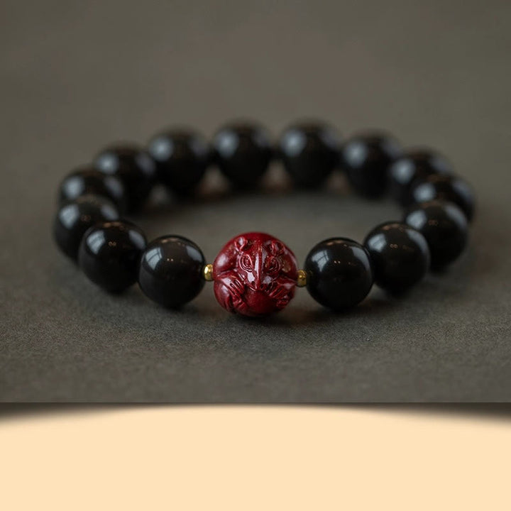 Bracelet de purification en obsidienne noire naturelle et cinabre avec Buddha Stones et zodiaque chinois