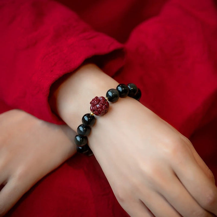 Bracelet de purification en obsidienne noire naturelle et cinabre avec Buddha Stones et zodiaque chinois