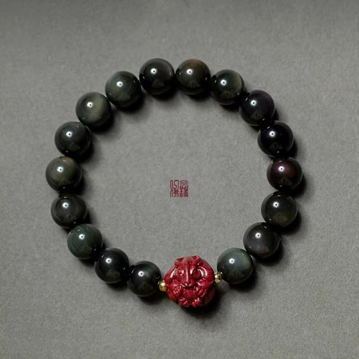Bracelet de purification en obsidienne noire naturelle et cinabre avec Buddha Stones et zodiaque chinois