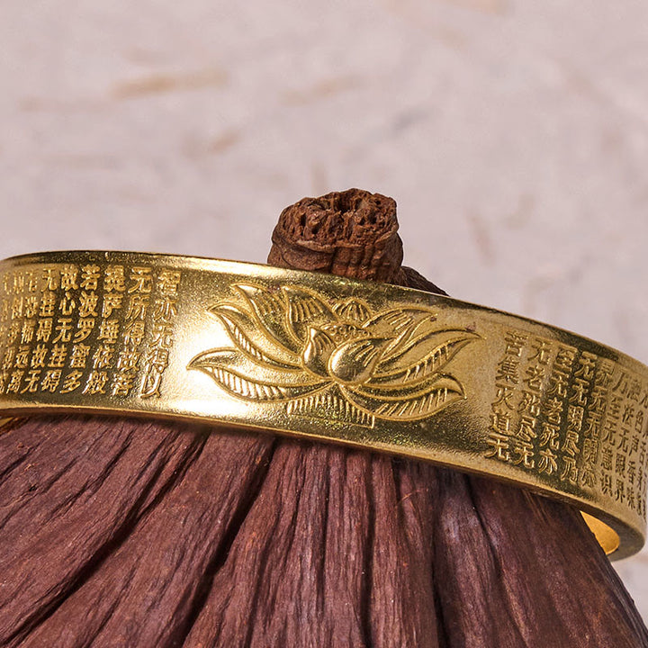 Bracelet manchette en cuivre et laiton avec Buddha Stones et Sutra du cœur et fleur de lotus