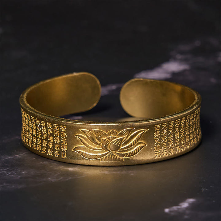 Bracelet manchette en cuivre et laiton avec Buddha Stones et Sutra du cœur et fleur de lotus