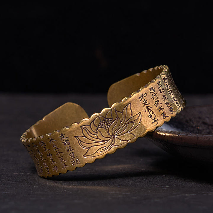 Bracelet manchette Buddha Stones Heart Sutra Fleur de Lotus Cuivre Laiton Paix Illumination