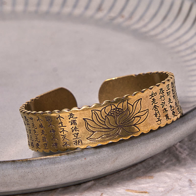 Bracelet manchette Buddha Stones Heart Sutra Fleur de Lotus Cuivre Laiton Paix Illumination