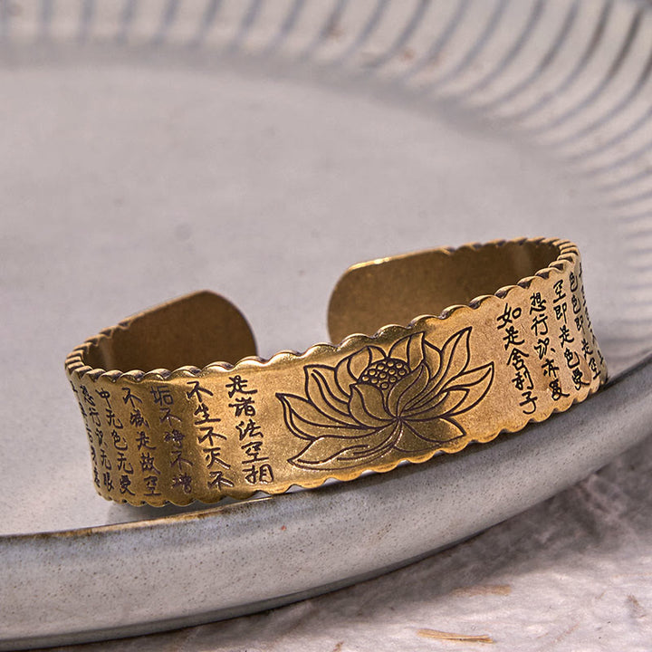 Bracelet manchette Buddha Stones Heart Sutra Fleur de Lotus Cuivre Laiton Paix Illumination