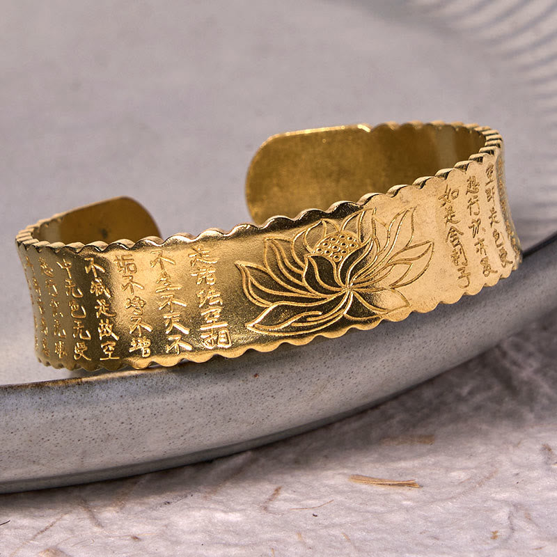 Bracelet manchette Buddha Stones Heart Sutra Fleur de Lotus Cuivre Laiton Paix Illumination