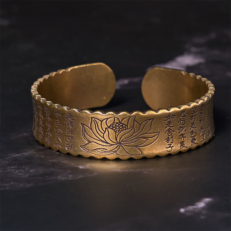 Bracelet manchette Buddha Stones Heart Sutra Fleur de Lotus Cuivre Laiton Paix Illumination