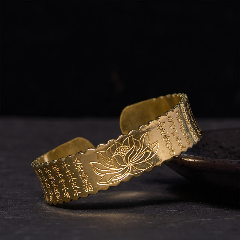Bracelet manchette Buddha Stones Heart Sutra Fleur de Lotus Cuivre Laiton Paix Illumination