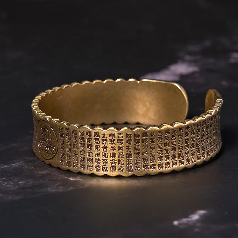 Bracelet manchette Buddha Stones Heart Sutra Fleur de Lotus Cuivre Laiton Paix Illumination