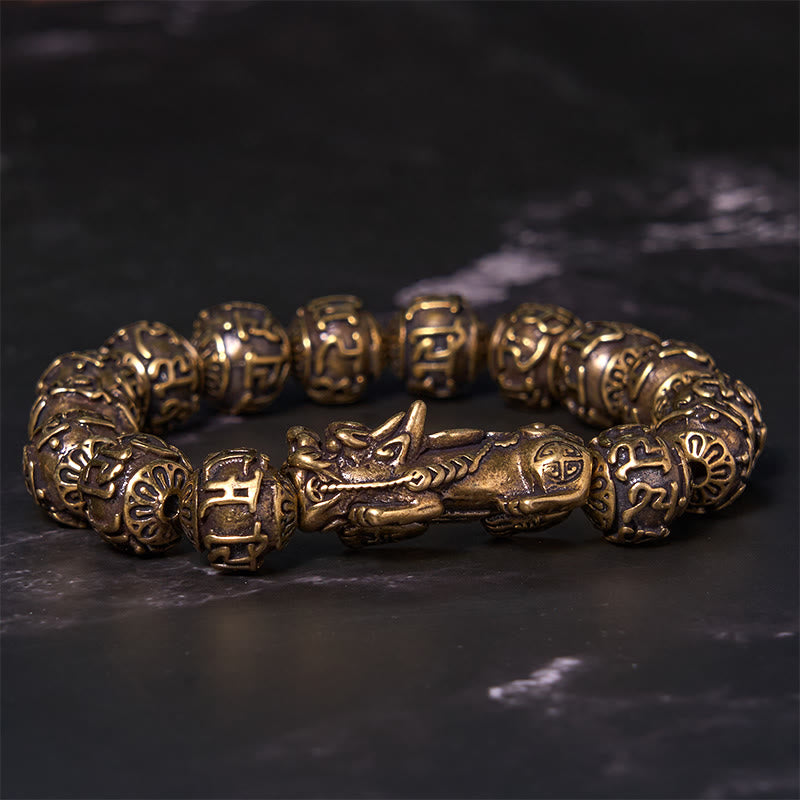 Buddha Stones Pi Xiu portant le caractère Fu Six mots vrais « om Mani Padme Hum » Perles de cuivre Bracelet de richesse