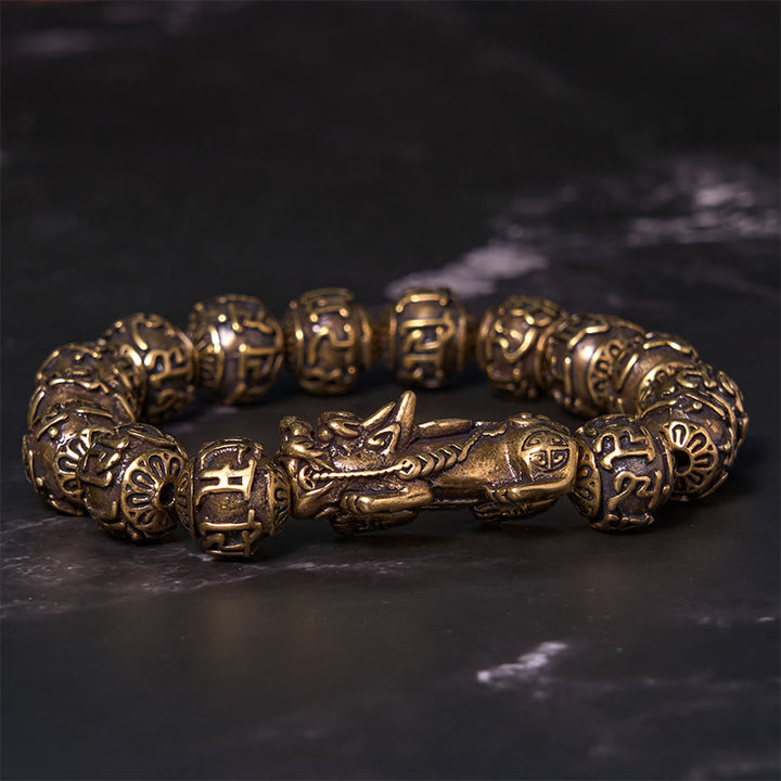 Buddha Stones Pi Xiu portant le caractère Fu Six mots vrais « om Mani Padme Hum » Perles de cuivre Bracelet de richesse