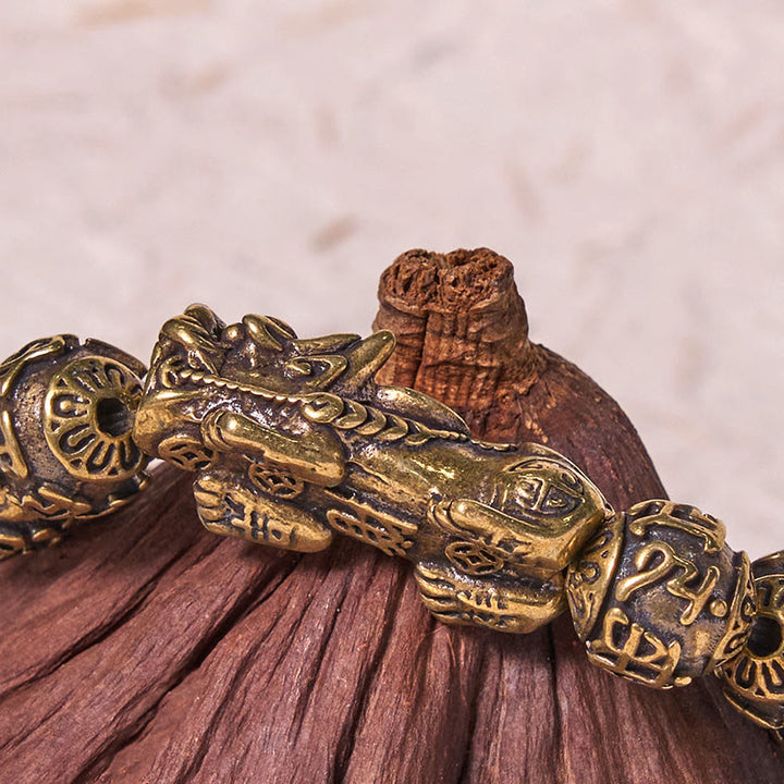 Buddha Stones Pi Xiu portant le caractère Fu Six mots vrais « om Mani Padme Hum » Perles de cuivre Bracelet de richesse