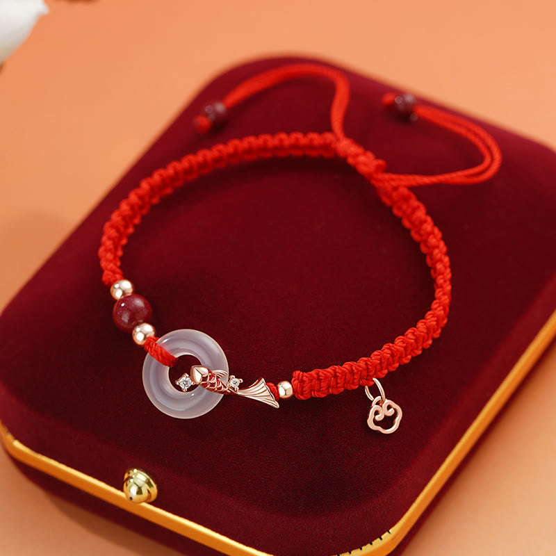 Bracelet de couple positif en argent sterling 925 tressé avec boucle de paix en calcédoine faite à la main en Buddha Stones - Bague pour femme en calcédoine, argent sterling 925 et or rose, motif carpe koï rouge (diamètre : 12,5 cm) - image 0