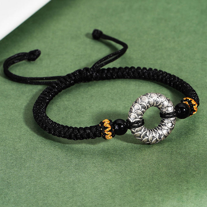 Bracelet tressé porte-bonheur en argent sterling 999 avec onyx noir et Buddha Stones fait à la main